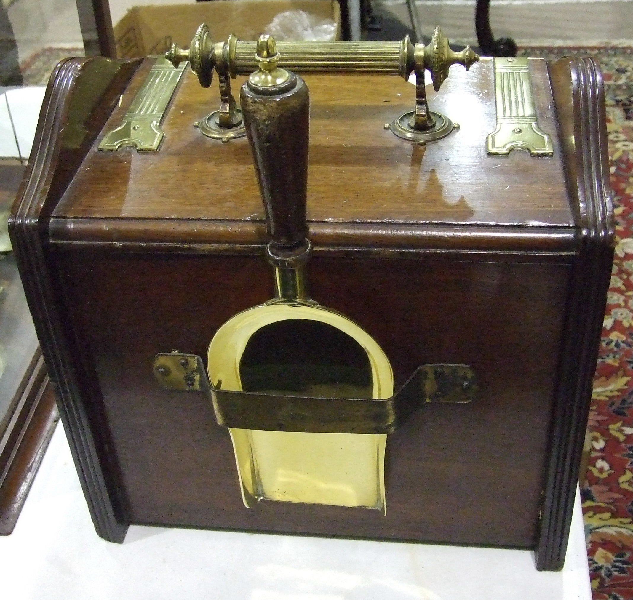 A late-Victorian mahogany coal box fitted with brass hinges, mounts and handle, 34.5cm wide, 34cm - Image 2 of 2