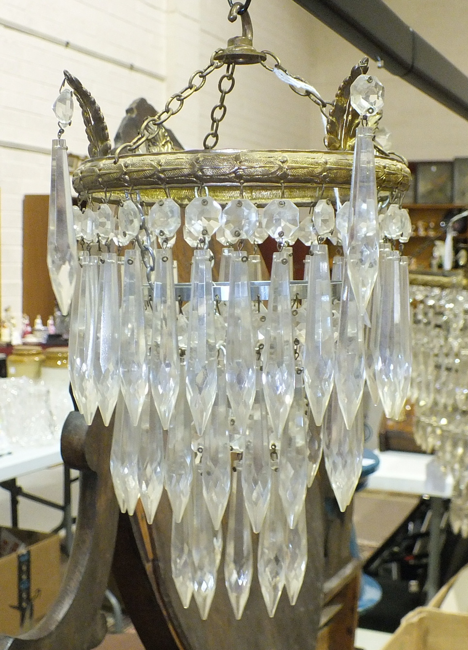 A circular metal five-tier lustre-drop hanging light fitting, 46cm high, 31cm diameter and a smaller - Image 2 of 2