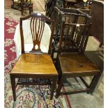 A pair of 19th century mahogany wood-seated brander back dining chairs on square front legs, one