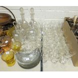 A collection of cut glass and other glassware, including a ship's decanter, five other decanters,