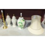 A modern brassed table lamp and three ceramic table lamps, (4).