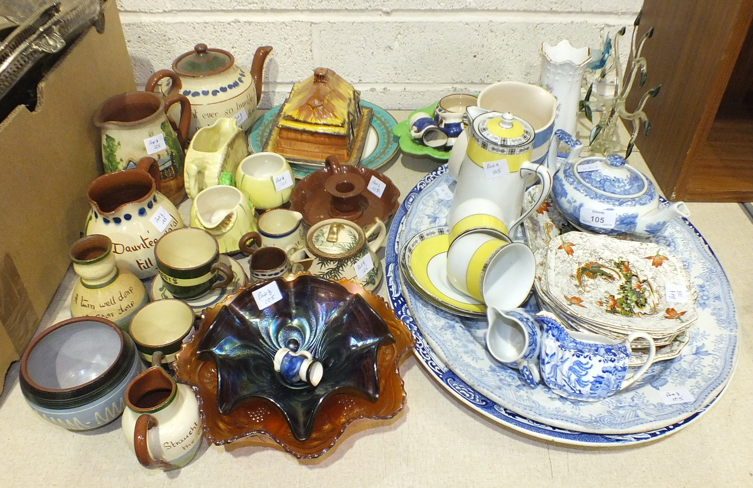 A Copeland Spode 'Italian' blue and white squat teapot, various Torquay Pottery mottoware, two