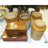 A set of travelling apothecary scales by Degrave, Short & Co. Ltd, various stoneware jars and