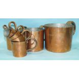 A harlequin set of eight copper cylinder measures: gallon, ½-gallon, quart, pint, ½-pint, 1½-gill,