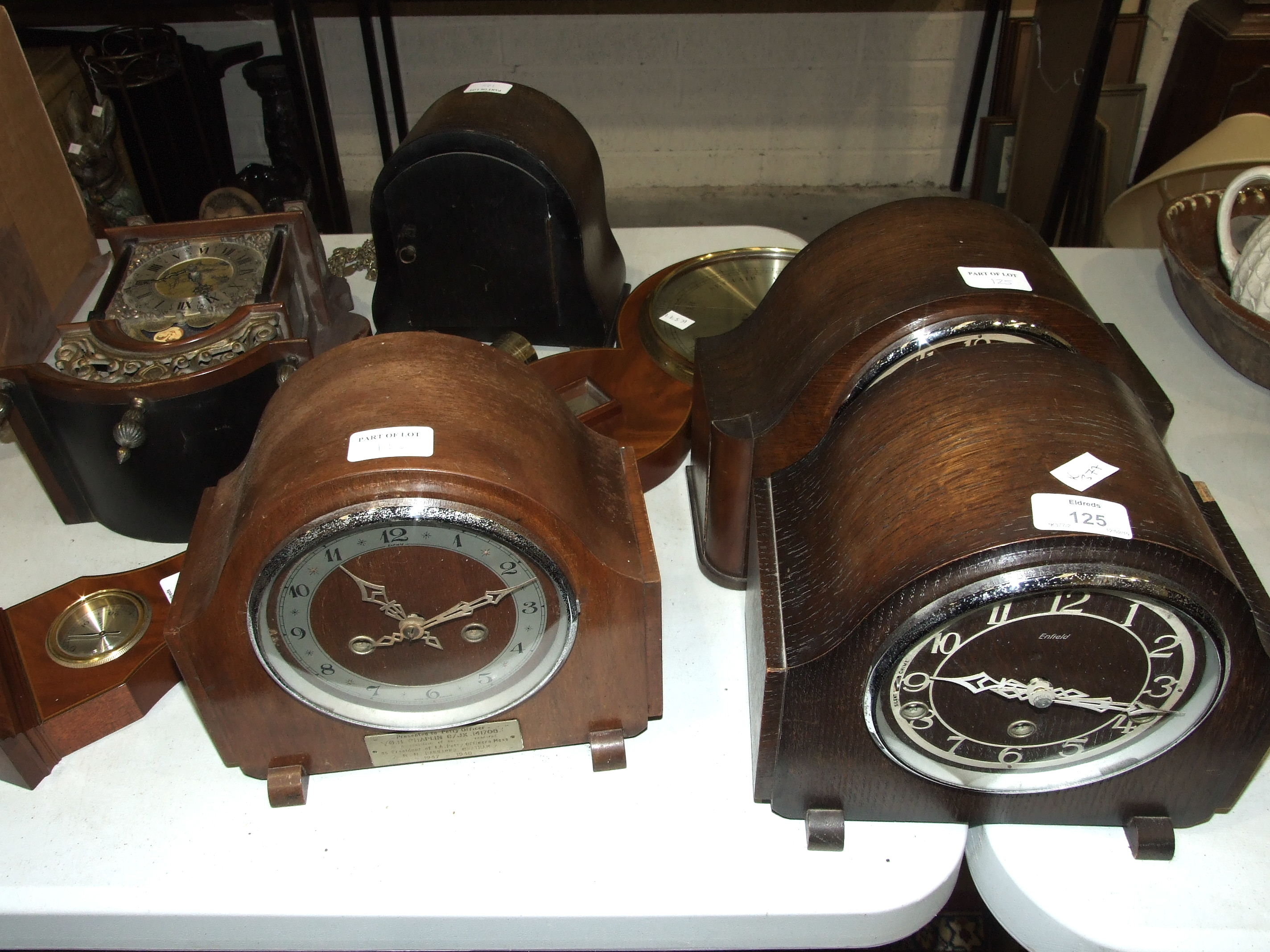 An Enfield oak-cased chiming mantel clock, three oak case striking mantel clocks, a reproduction - Image 2 of 2