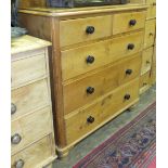 A Victorian pine chest of two short and three long drawers, 106cm wide, 113cm high.