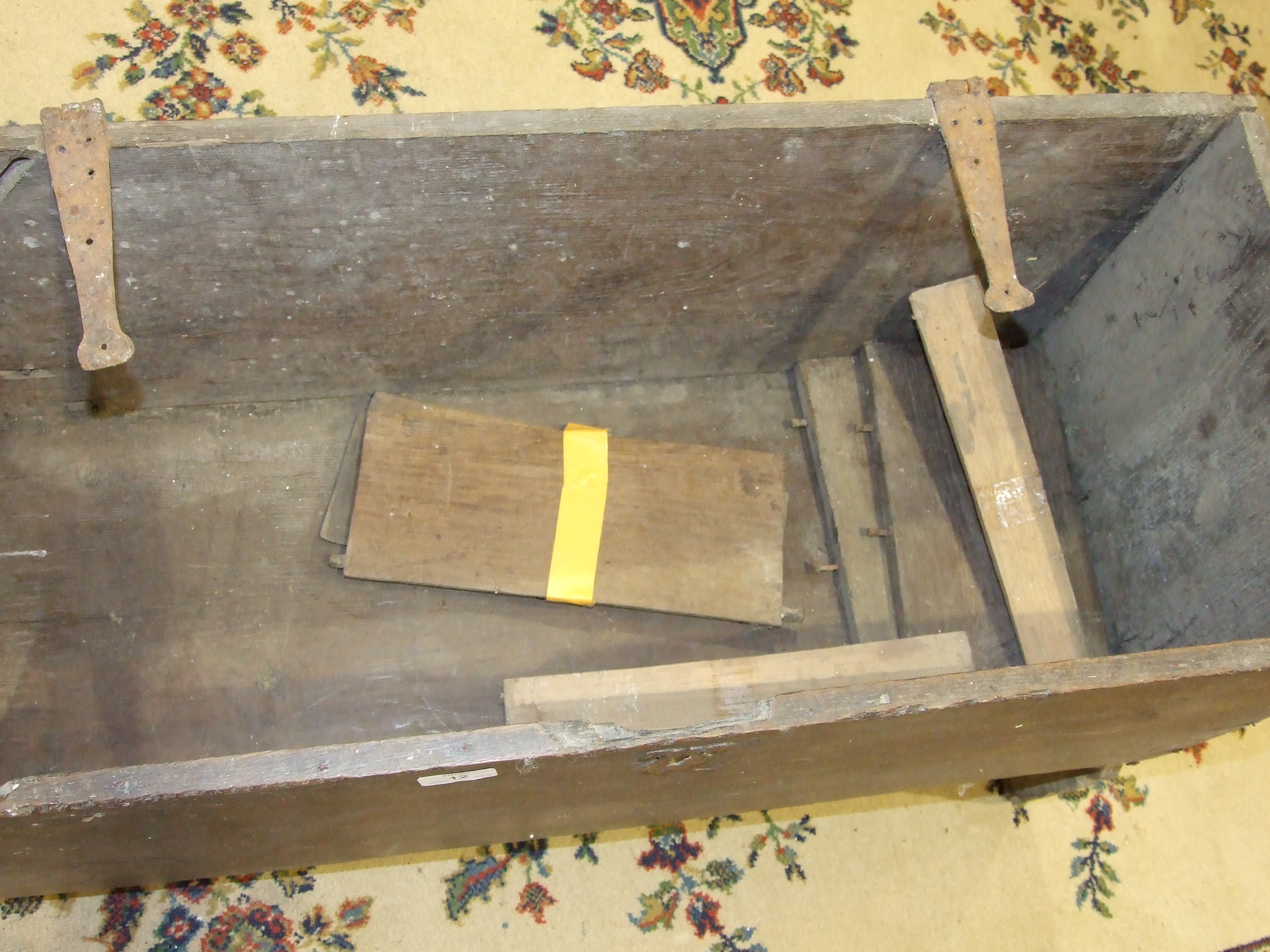 A 17th/18th century stained wood six-plank coffer and another, (incomplete), also an oak chair, (3). - Image 3 of 3