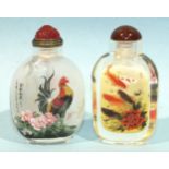 A fine quality Chinese snuff bottle with cockerel decoration and another painted with carp, (2).