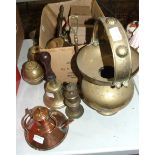 A brass hand bell with turned wood handle, 26cm high, a copper kettle, brass candlesticks, other