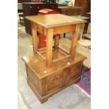 A square oak occasional table, 50cm, an oak coffee table and an oak television stand, (3).