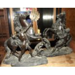 After Guillaume Coustou, a pair of Coustou-style bronze Marly horses, (one damaged), 60cm high, 22cm