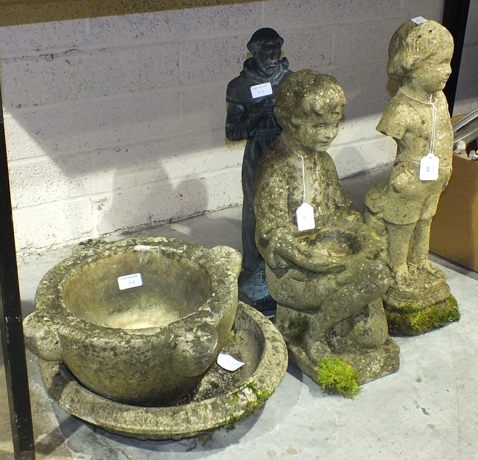 Two cast concrete garden ornaments and other items.