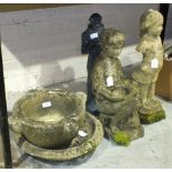 Two cast concrete garden ornaments and other items.