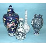 A Ming-style blue and white garlic-necked dragon vase, a bottle with Arabic inscriptions, a