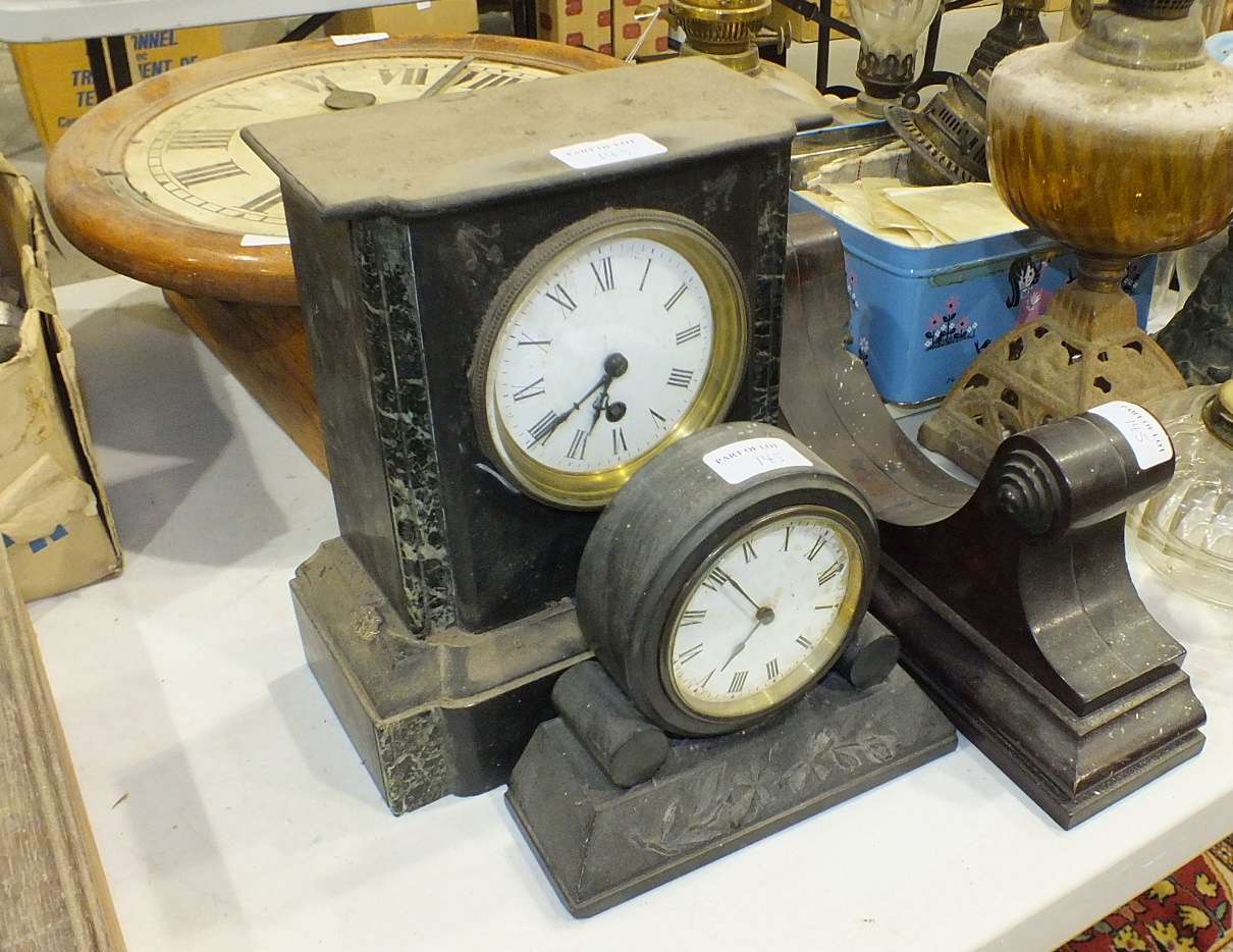 An oak-cased wall clock with single fusee movement, (bezel lacking), two marble mantel clocks and - Image 3 of 3