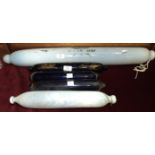 A blue glass rolling pin decorated with sailing ships and motto "Remember Me" in gilt, 39cm, a large