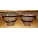 A pair of small cast iron campana-shaped urns, 27cm diameter, 19cm high, (2).