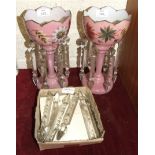 A pair of late-19th century pink opaque glass lustre-drop vases decorated with flowers, 25cm high
