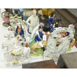 A collection of eleven Staffordshire flat-back figures, including 'Empress of France', 'Harvest', '