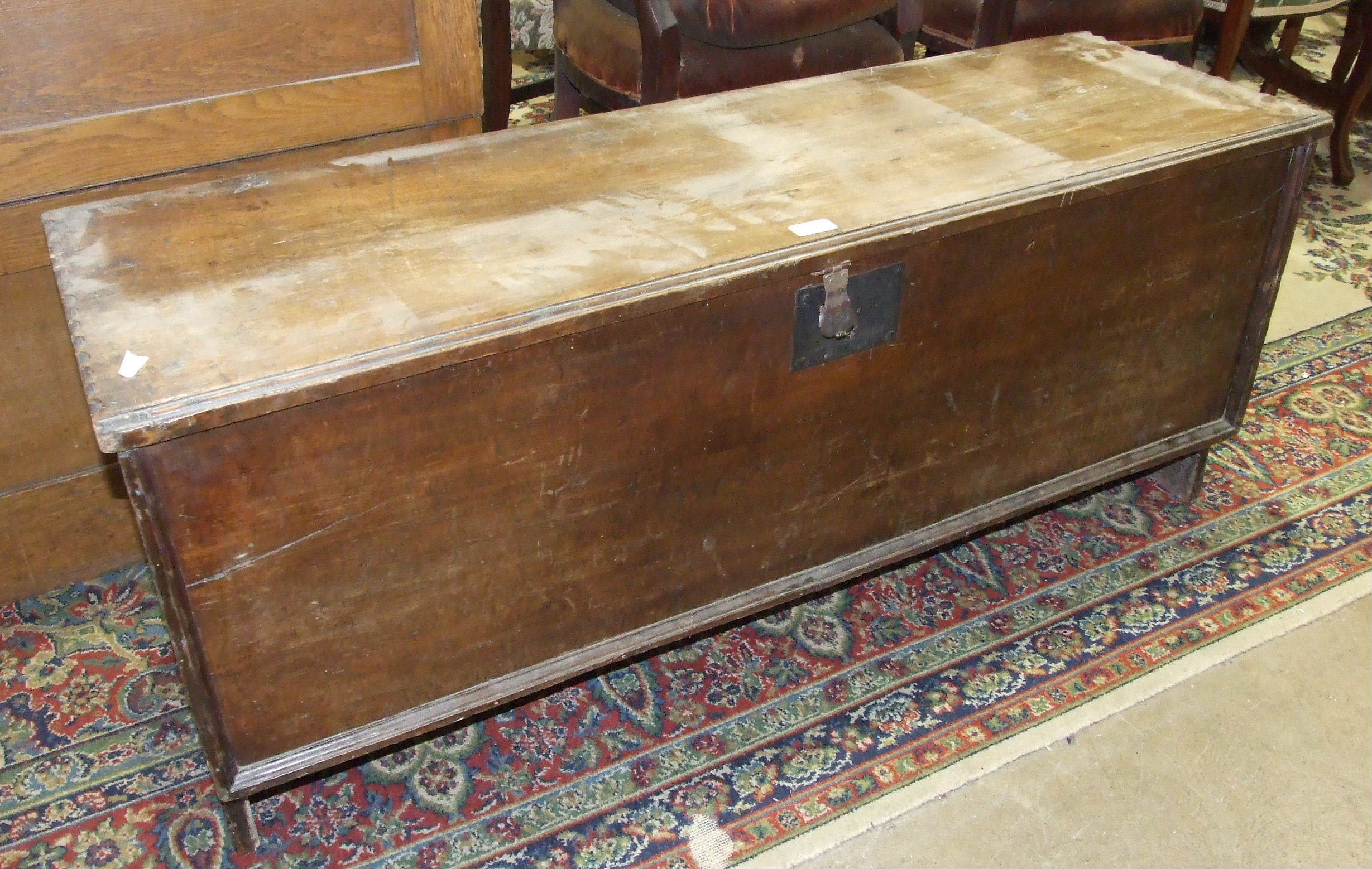 A 17th/18th century stained wood six-plank coffer and another, (incomplete), also an oak chair, (3).