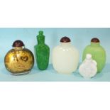 Five Oriental glass snuff bottles in imitation of jade and other hardstones, one with gilt erotic