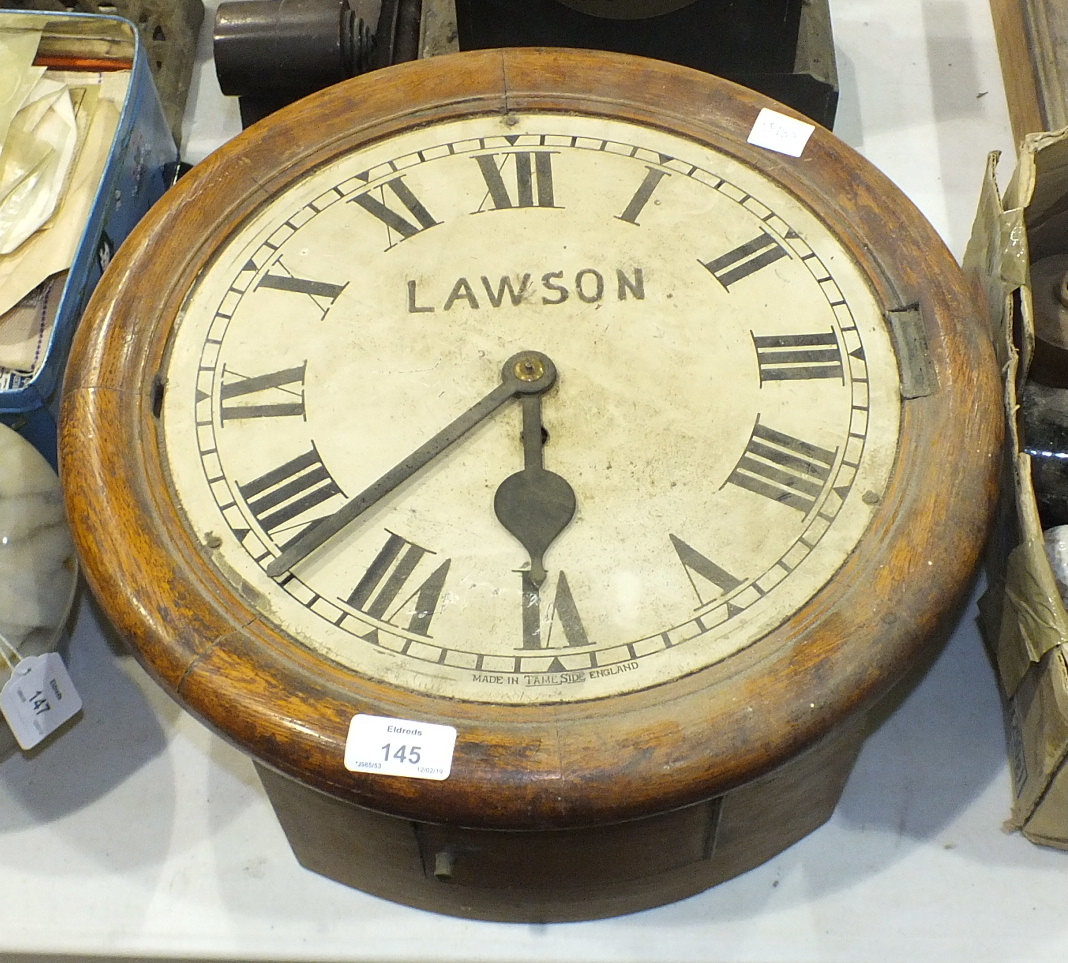 An oak-cased wall clock with single fusee movement, (bezel lacking), two marble mantel clocks and