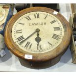 An oak-cased wall clock with single fusee movement, (bezel lacking), two marble mantel clocks and