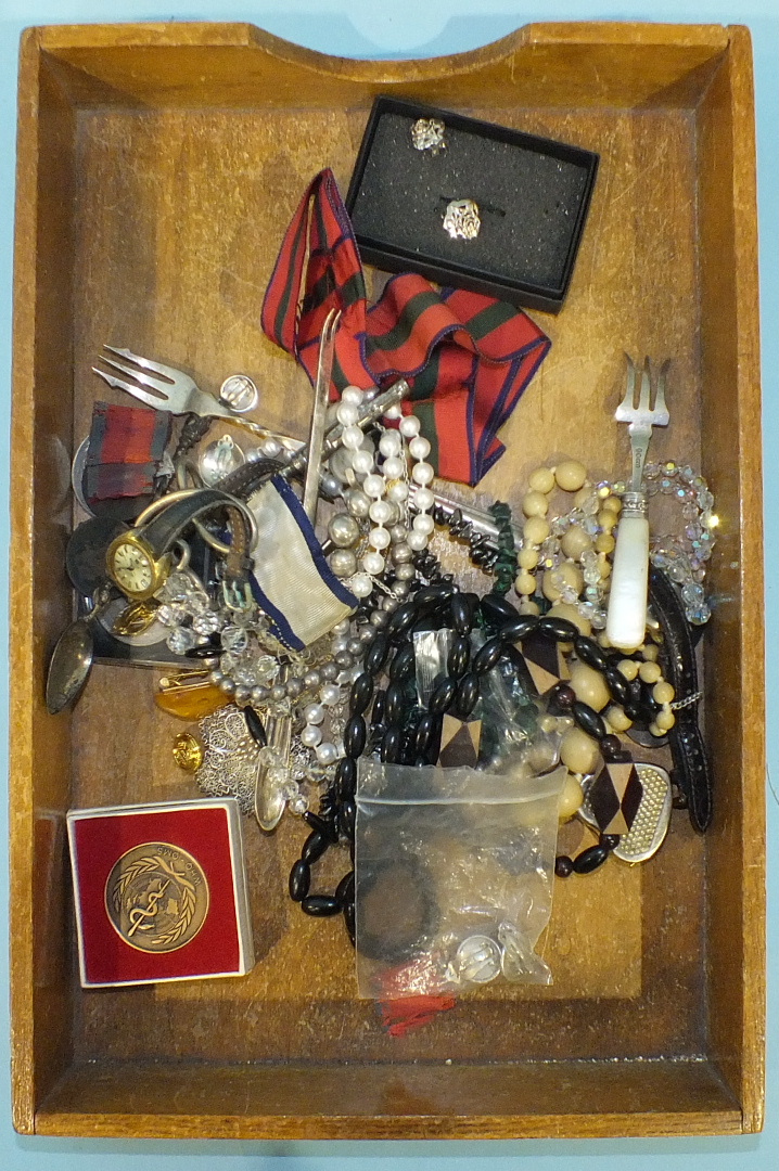 A quantity of costume jewellery, five small watercolours, two oil paintings and miscellaneous