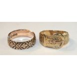 A 9ct gold buckle ring, size Q, 3.2g and a 9ct gold wedding band, size O, 3.2g, (2).