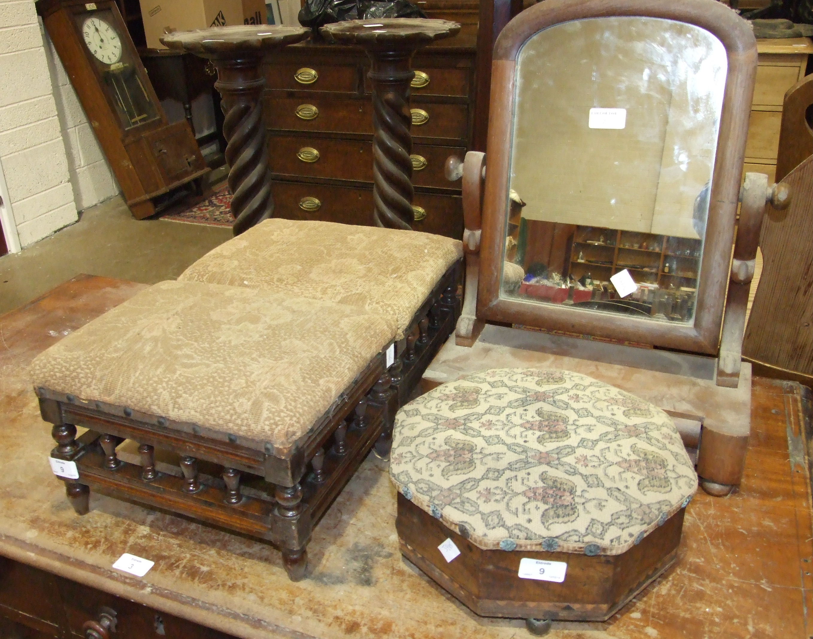 A pair of Edwardian stained wood foot stools, an octagonal shape foot stool, a salon chair, etc.