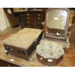 A pair of Edwardian stained wood foot stools, an octagonal shape foot stool, a salon chair, etc.