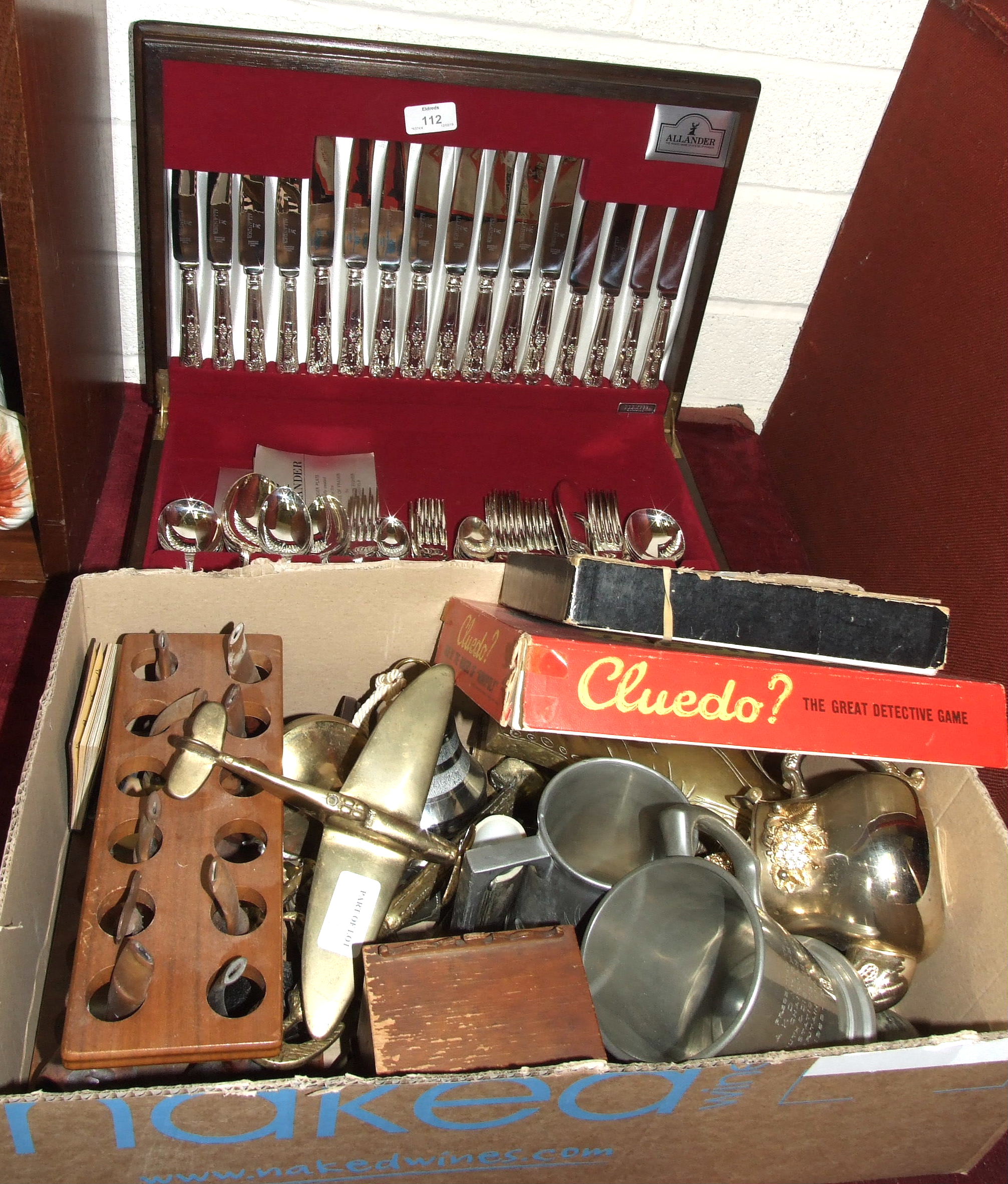 An Allander plated eight-setting canteen of cutlery, in fitted box and other metal and wooden