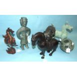 Four metal models of horses, a carved stone concentric ball and a Shang-style male figure, (6).
