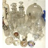 A set of four cut-glass decanters, (two with original stoppers), 27cm high and other glassware.