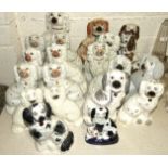 Four pairs of 19th century Staffordshire Spaniels, tallest 24.5cm and a collection of twelve various