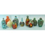 Ten snuff bottles in imitation of turquoise and cinnabar, with figural and animal decoration, (10).