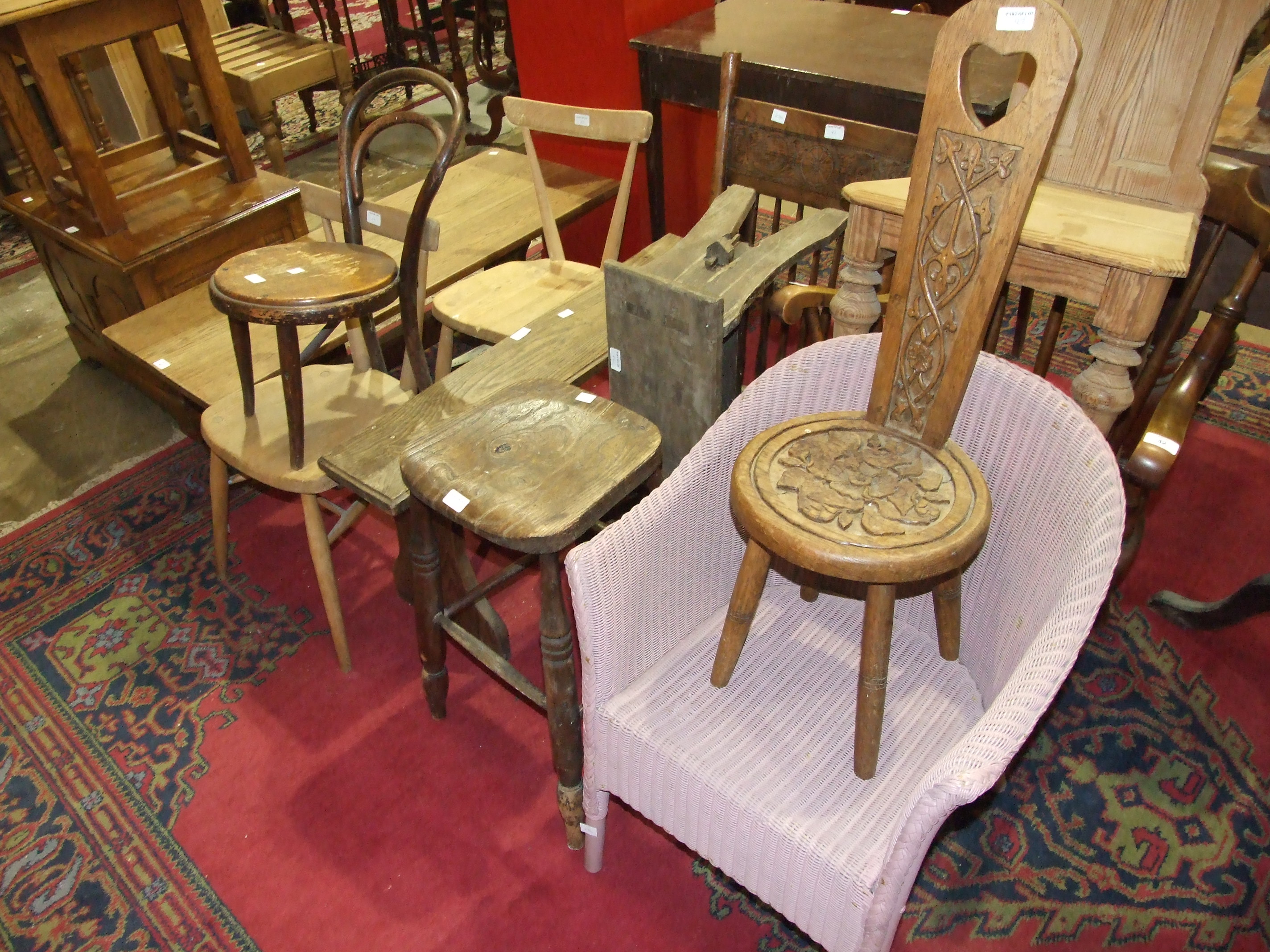 Various pine chairs and others, stools, etc.