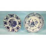 A large Ming-style blue and white octagonal dragon dish and a similar circular charger with lotus