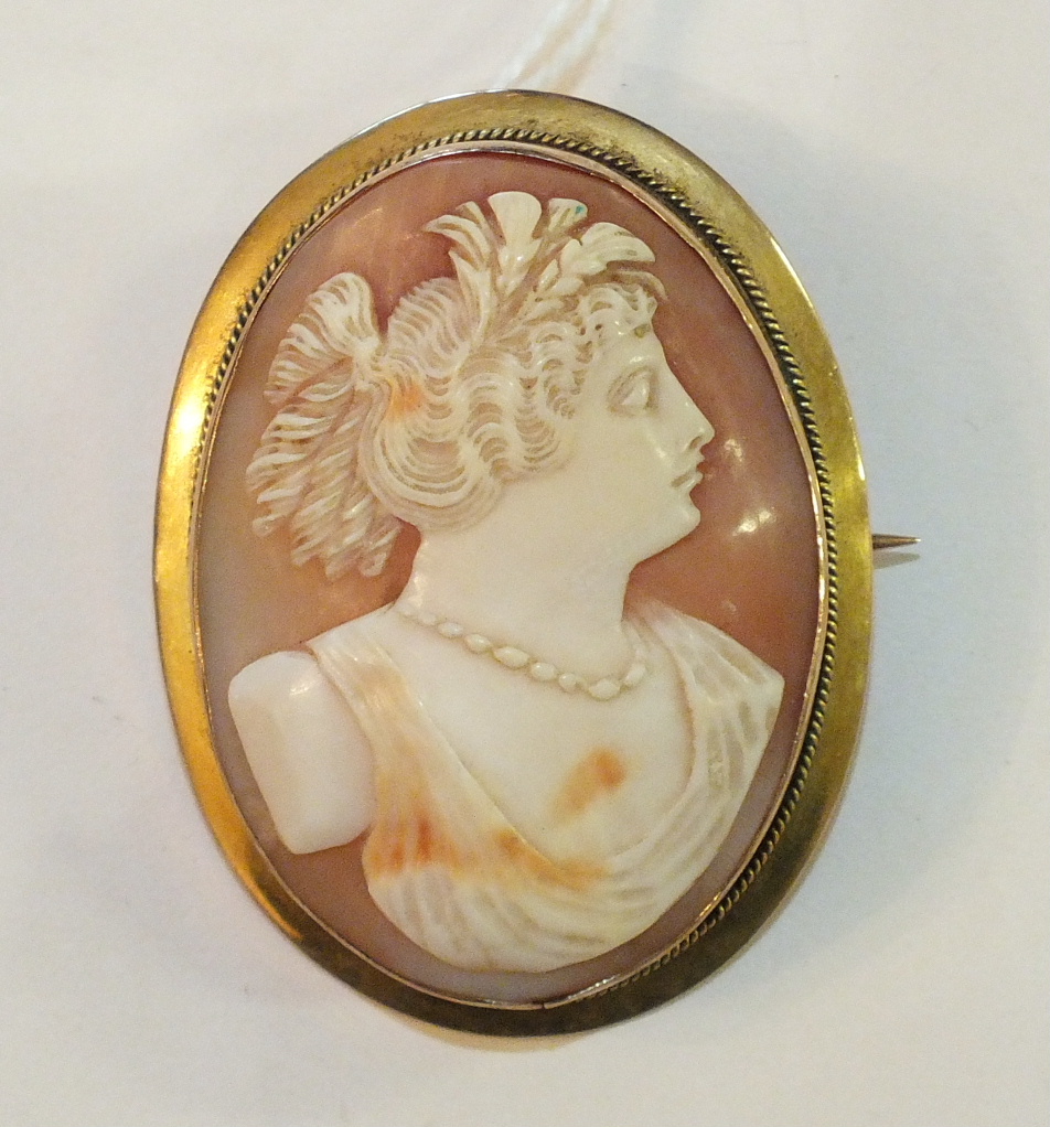 A shell cameo brooch in 9ct gold mount, 5 x 3.7cm, 16.4g.