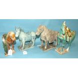 Four small Tang-style earthenware horses with sancai glazes, (4).