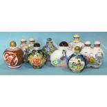 Eight porcelain and glass decorated snuff bottles, (8).