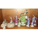 Three ceramic crinoline lady pin cushions and eight Continental ceramic female figure ornaments, (