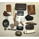 A collection of wood snuff boxes, a horn and white-metal-mounted small quaich, various needle