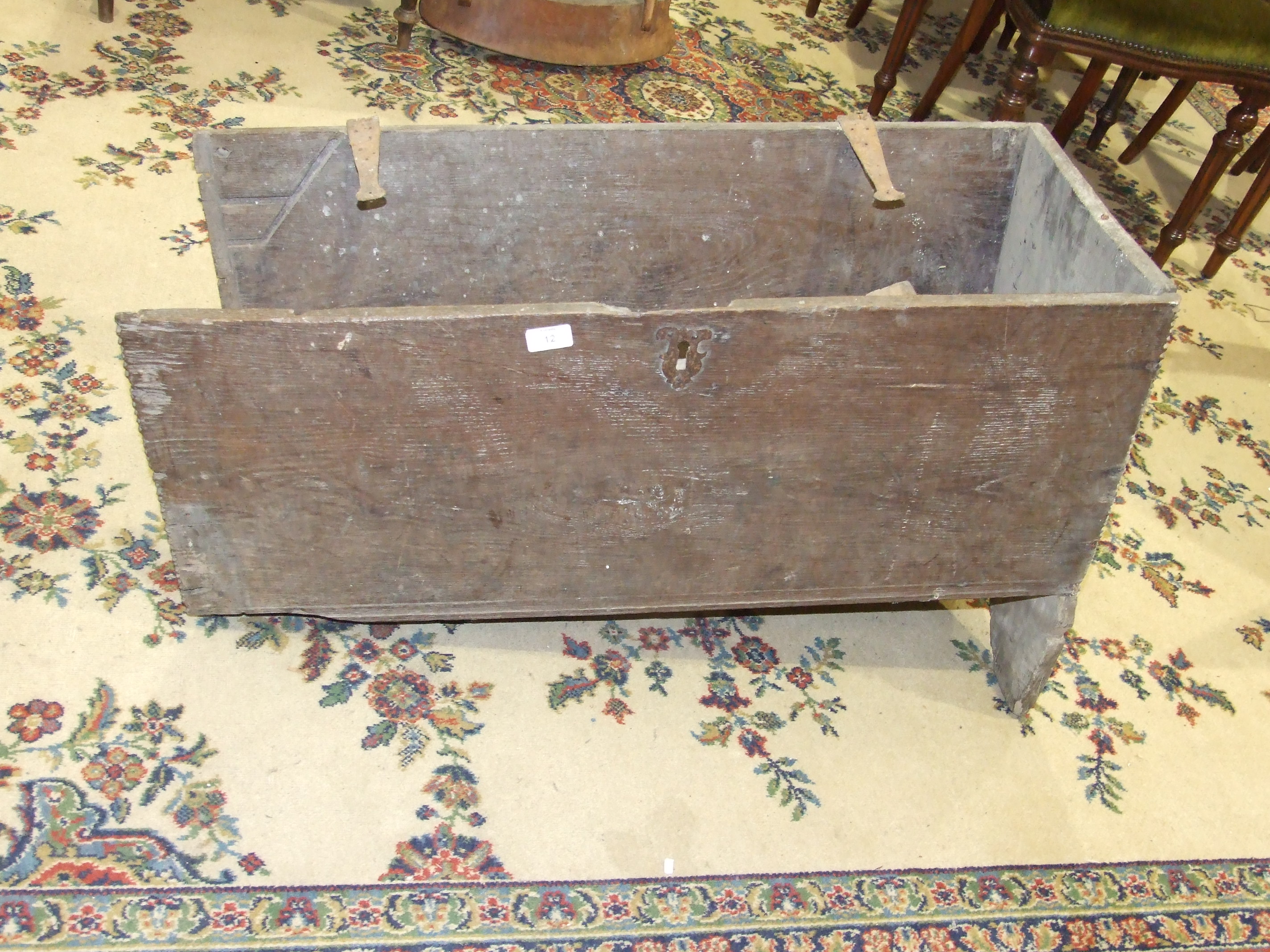 A 17th/18th century stained wood six-plank coffer and another, (incomplete), also an oak chair, (3). - Image 2 of 3