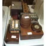 A collection of various boxes, including three porcupine quill boxes, writing slope, sewing boxes,