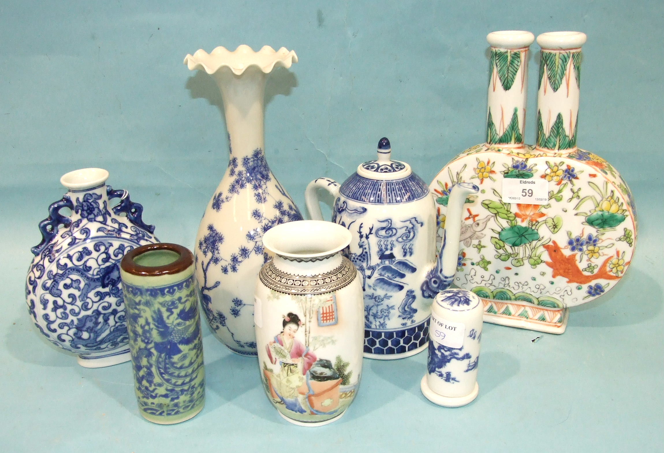 A Ming-style twin-necked fish vase, a blue and white dragon moon flask and five other pieces, (7).