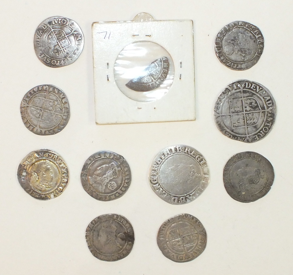 A collection of ten Elizabeth I hammered silver coins: shilling (x2), sixpence (x8), (a/f), (10). - Image 2 of 2