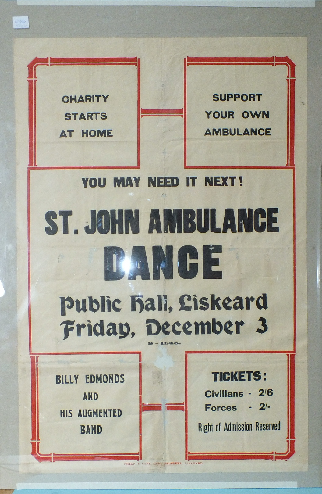 A 1943 poster "St John Ambulance Dance, Public Hall, Liskeard, Friday December 3, Billy Edmonds