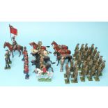 Britains, twenty-eight Royal Navy figures, repainted khaki, a J Hill & Co cavalry officer and