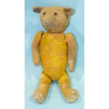 An early-20th century teddy bear with pronounced snout, glass eyes, yellow mohair plush, excelsior-